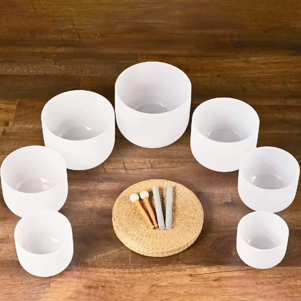 Ovivra Frosted Crystal Singing Bowl Set - 7 Pcs Quartz Sound Healing Bowls for Meditation